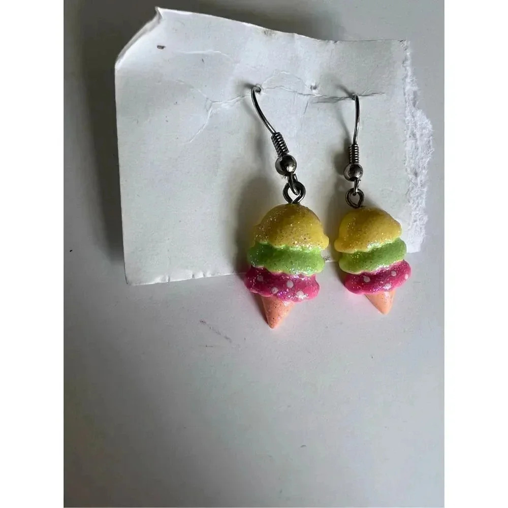 SPARKLE yellow, green, pink ice cream‎ cone earrings